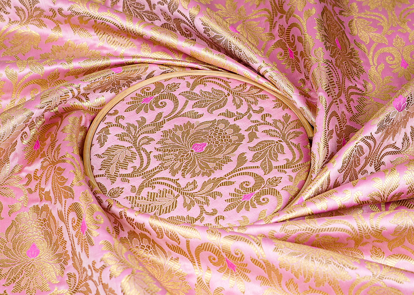 Light Pink Banarasi Brocade Fabric with Allover Golden Zari Handloom 15916