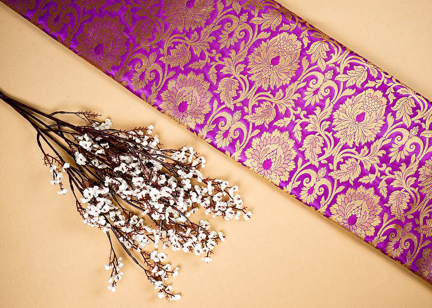 Purple  Banarasi Brocade Fabric with Allover Golden Zari Handloom 15917