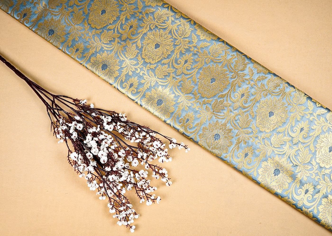 Grey  Banarasi Brocade Fabric with Allover Golden Zari Handloom 15919