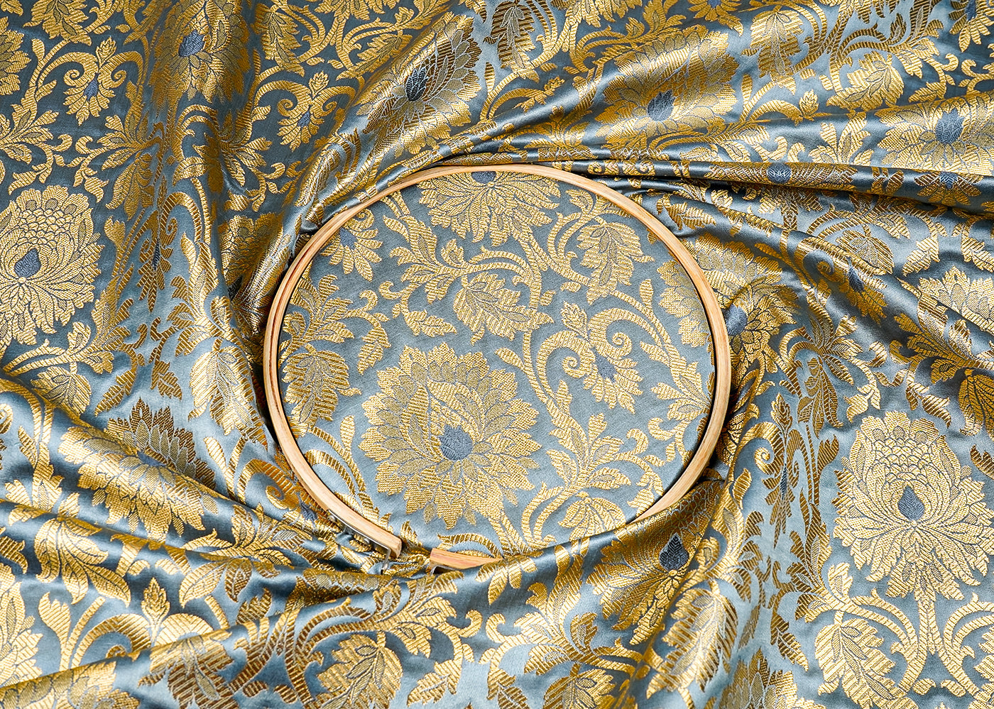Grey  Banarasi Brocade Fabric with Allover Golden Zari Handloom 15919