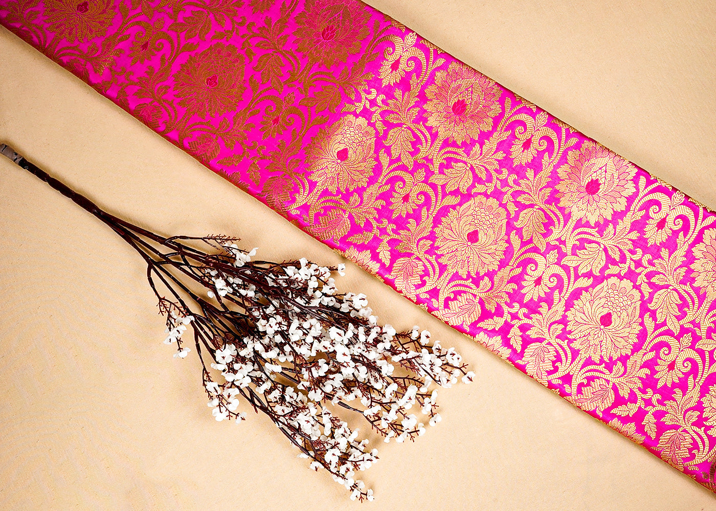 Pink Banarasi Brocade Fabric with Allover Golden Zari Handloom 15920