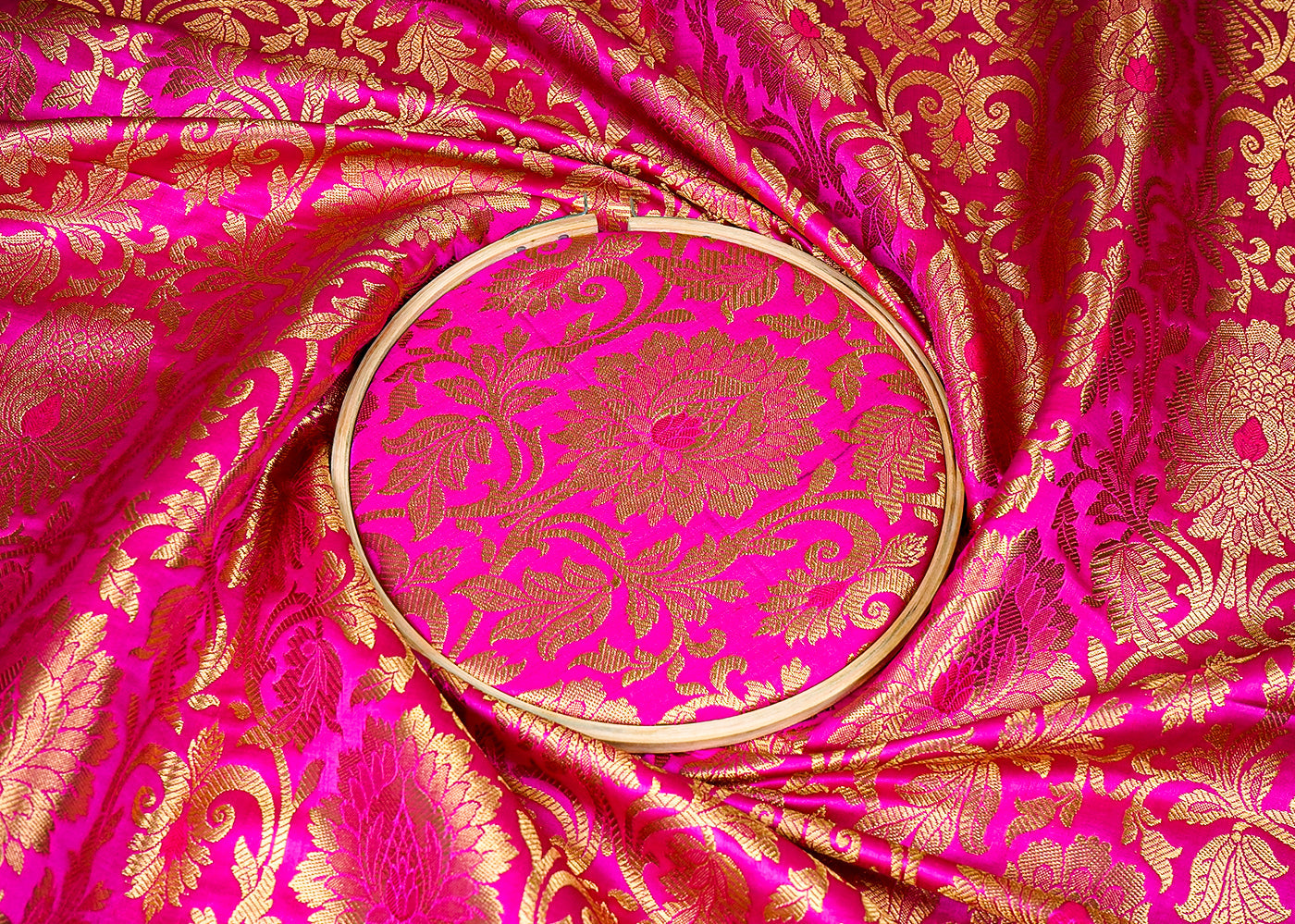Pink Banarasi Brocade Fabric with Allover Golden Zari Handloom 15920