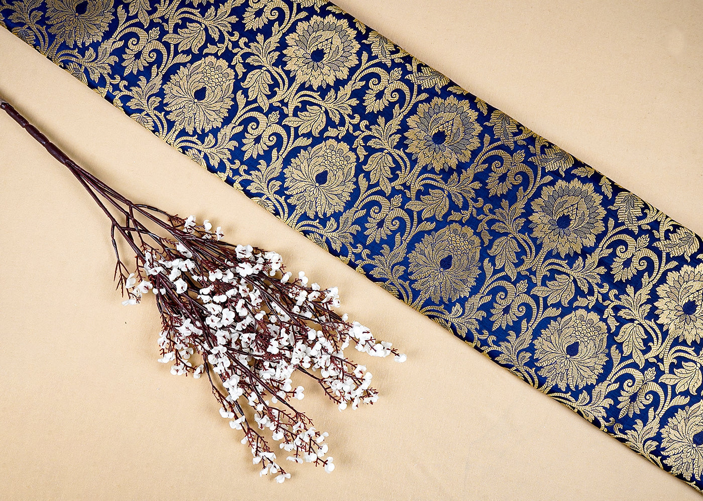 Navy Blue  Banarasi Brocade Fabric with Allover Golden Zari Handloom 15922