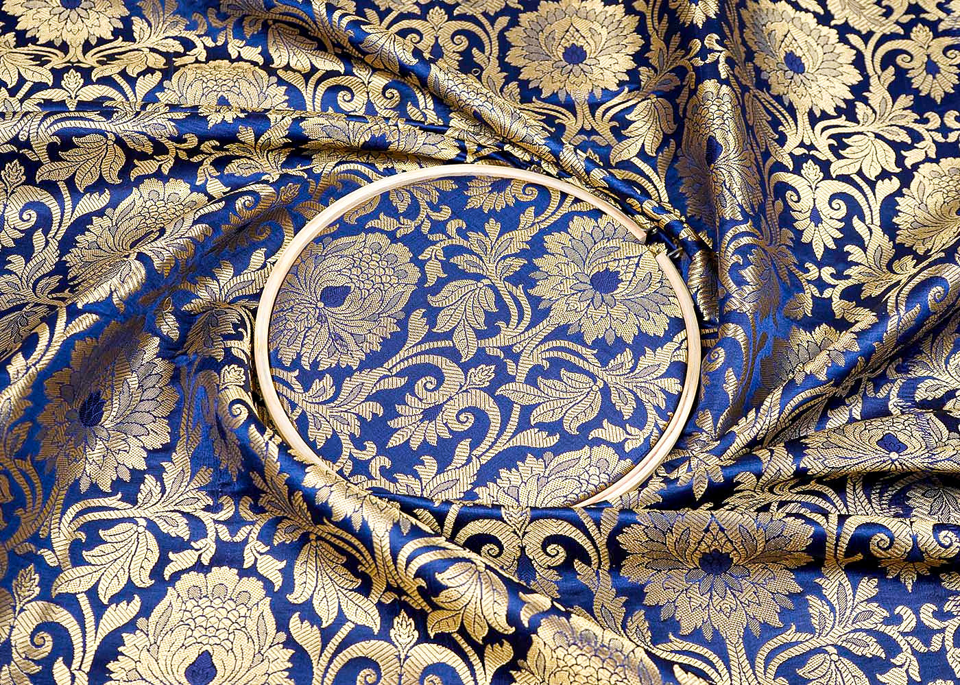 Navy Blue  Banarasi Brocade Fabric with Allover Golden Zari Handloom 15922