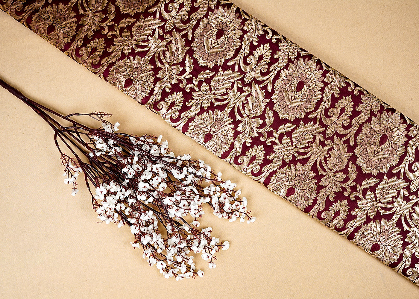 Maroon Banarasi Brocade Fabric with Allover Golden Zari Handloom 15924