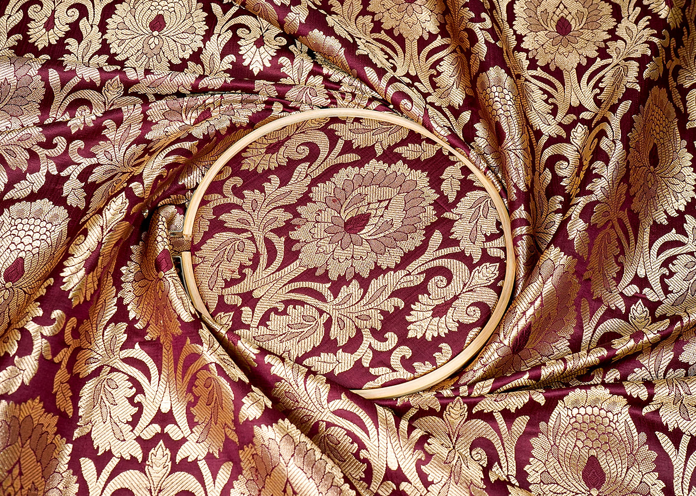 Maroon Banarasi Brocade Fabric with Allover Golden Zari Handloom 15924