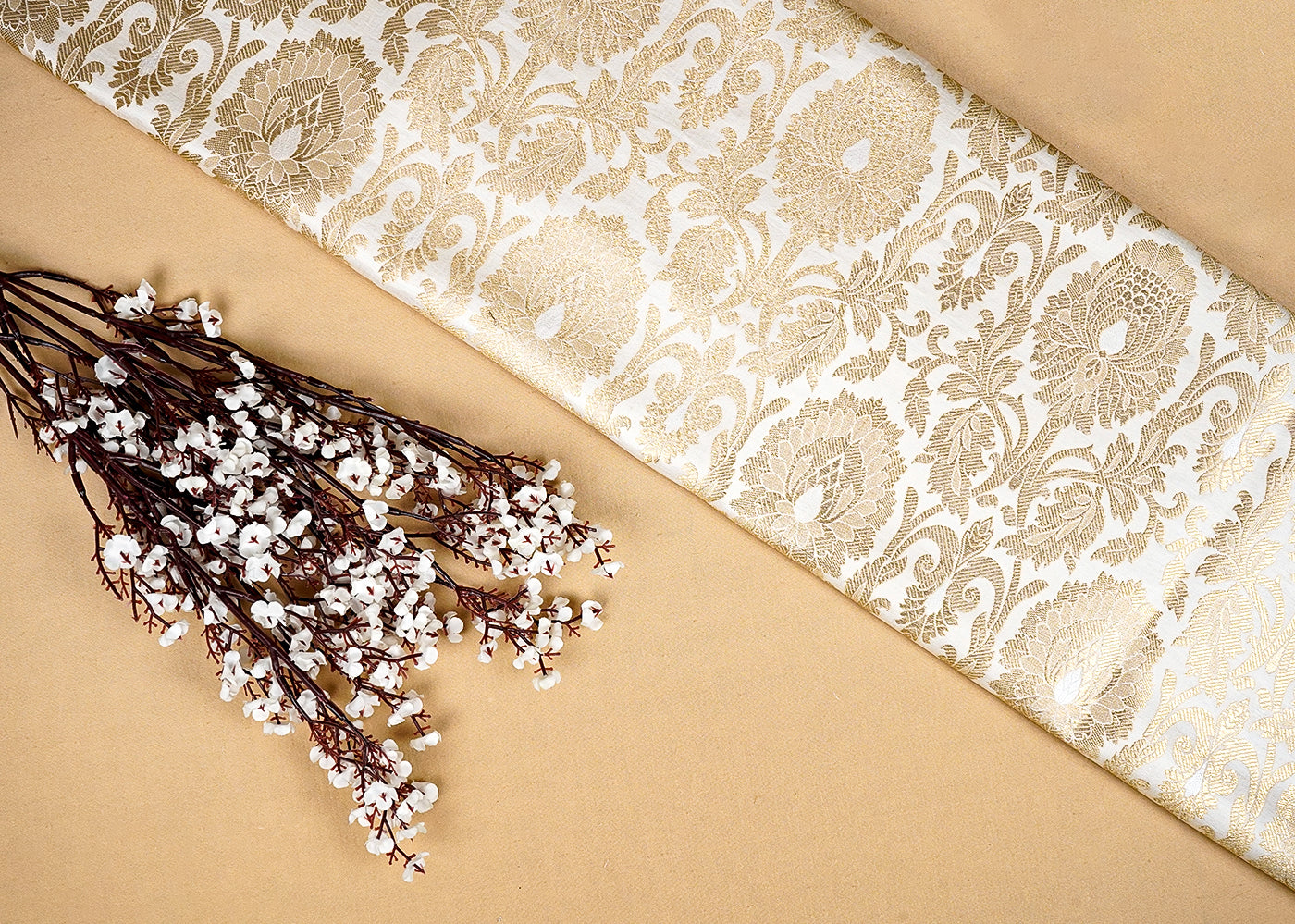 Cream Banarasi Brocade Fabric with Allover Golden Zari Handloom 15925