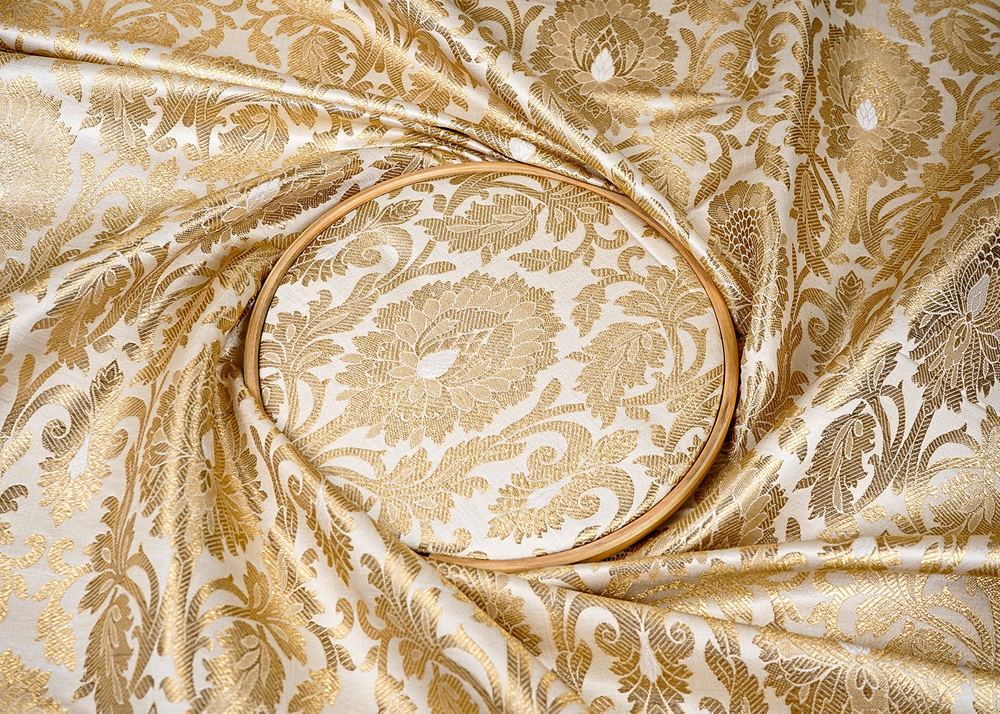 Cream Banarasi Brocade Fabric with Allover Golden Zari Handloom 15925