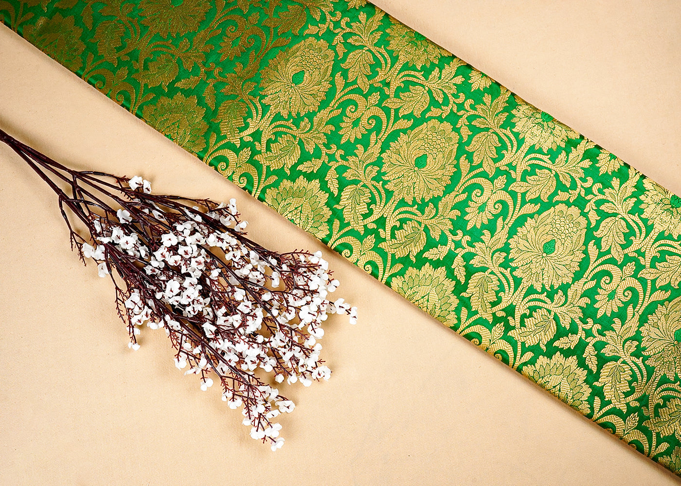 Dark Green Banarasi Brocade Fabric with Allover Golden Zari Handloom 15926