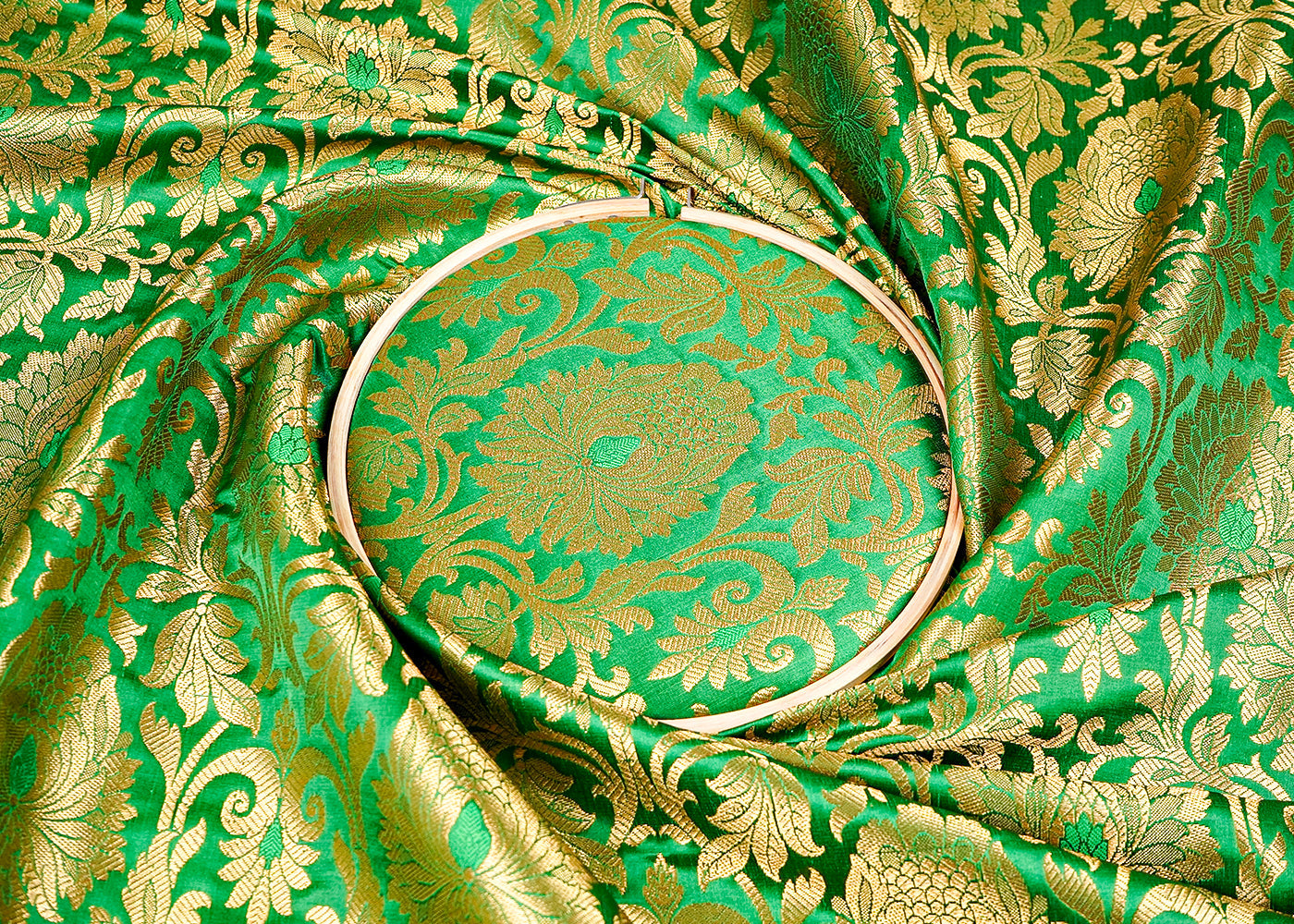 Dark Green Banarasi Brocade Fabric with Allover Golden Zari Handloom 15926