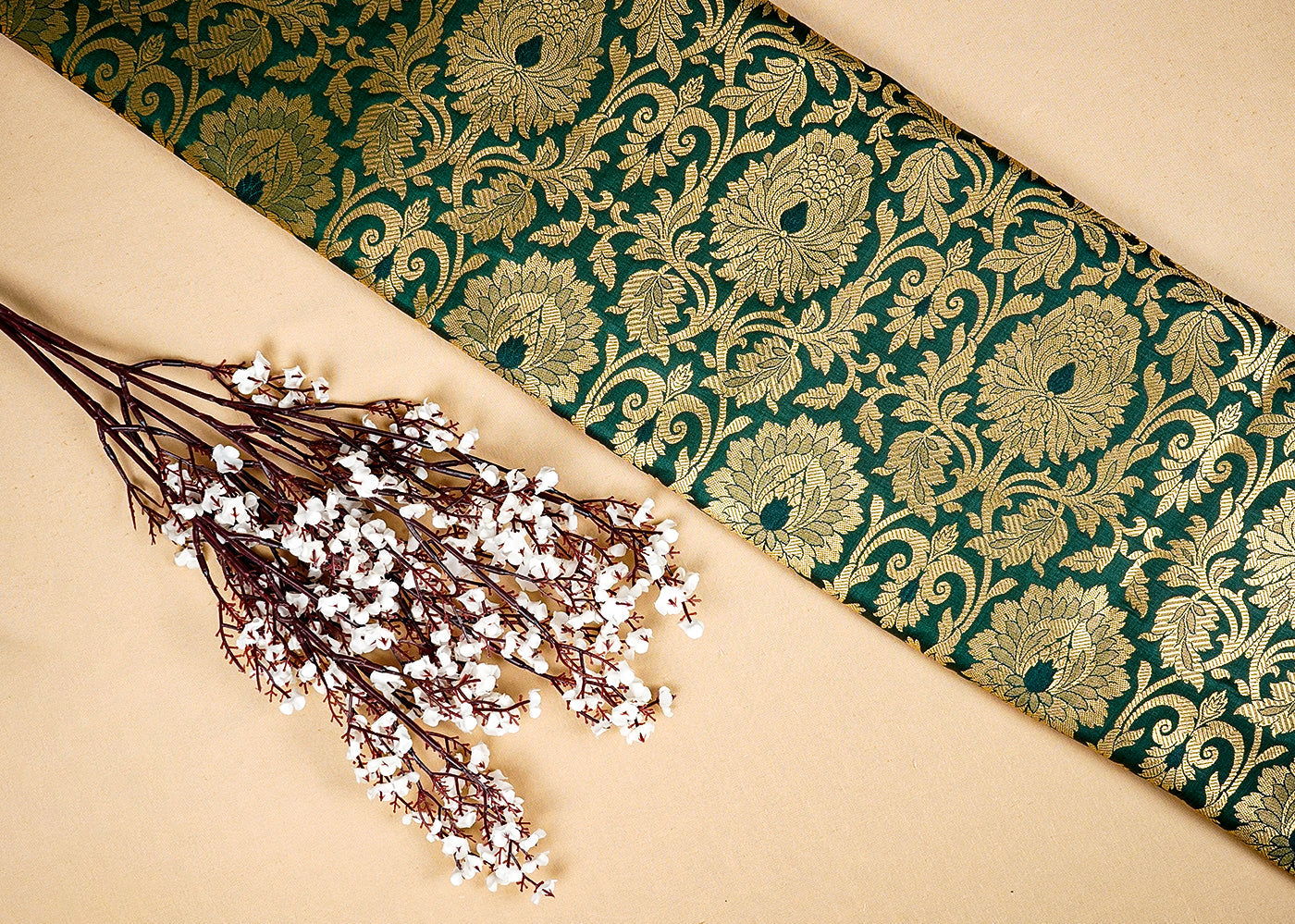 Bottle Green Banarasi Brocade Fabric With Allover Golden Zari Handloom 15927