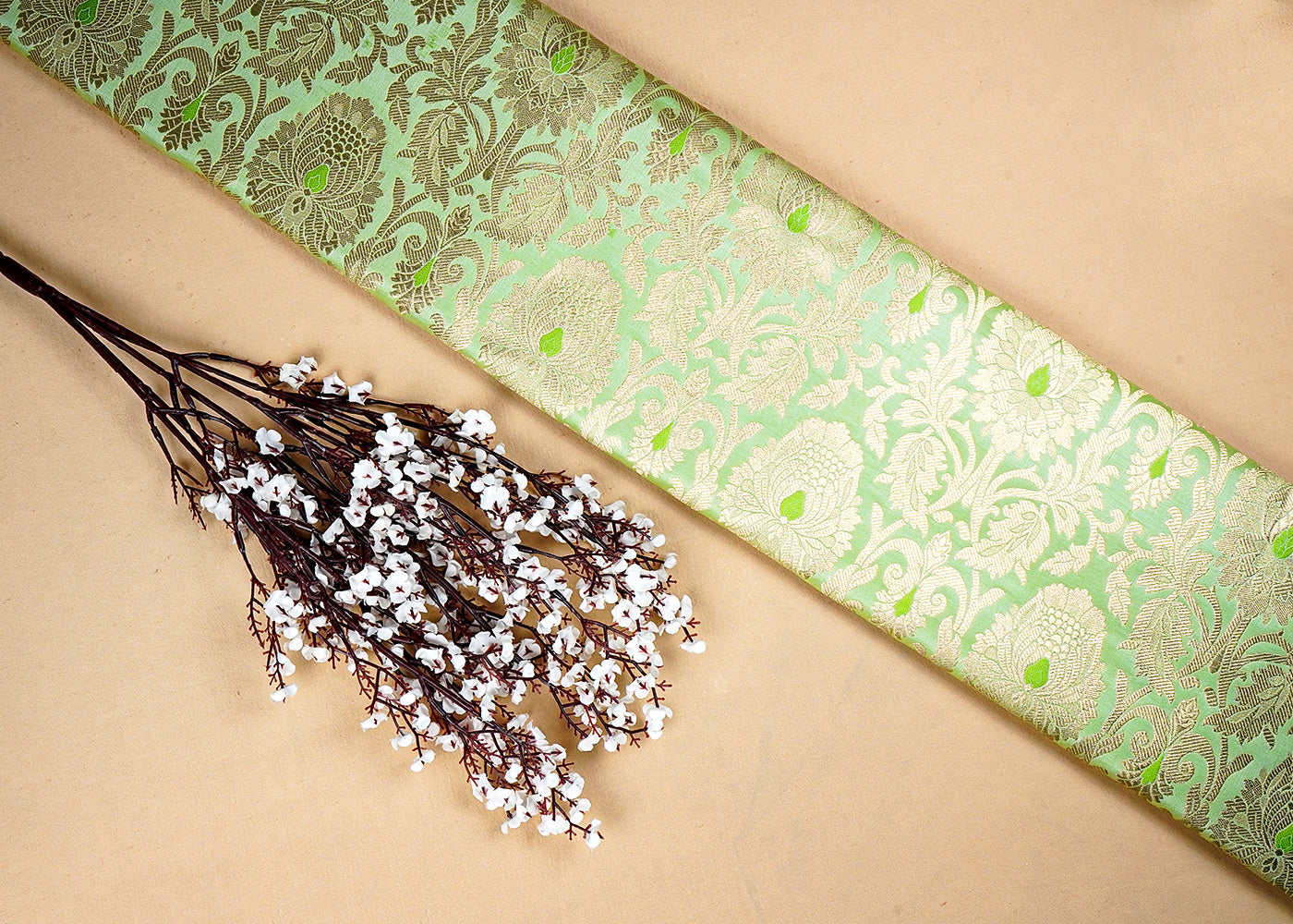 Sea Green Banarasi Brocade Fabric with Allover Golden Zari Handloom 15928