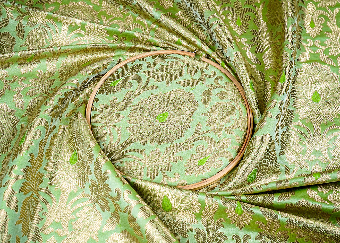 Sea Green Banarasi Brocade Fabric with Allover Golden Zari Handloom 15928