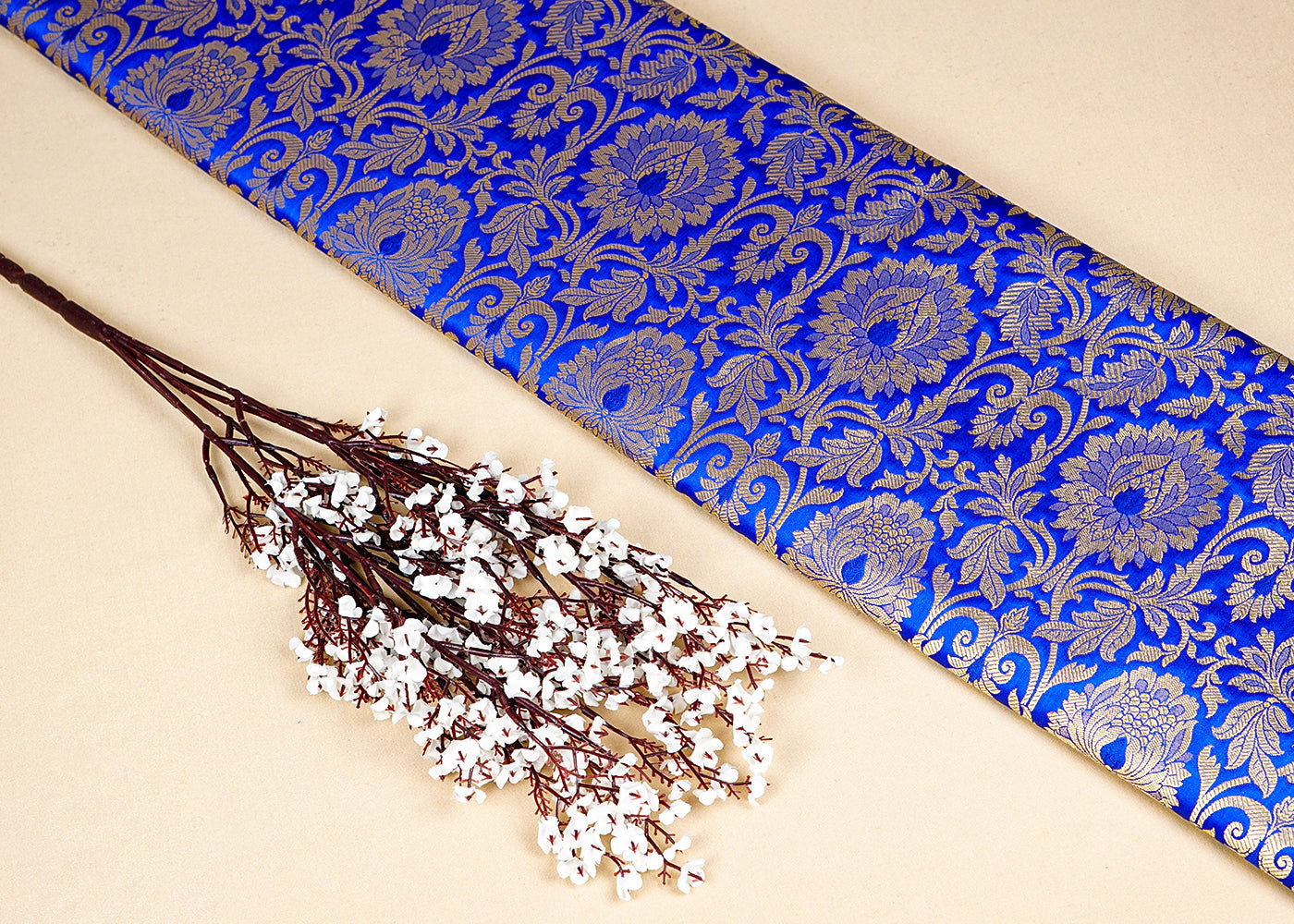 Royal Blue  Banarasi Brocade Fabric with Allover Golden Zari Handloom 15929