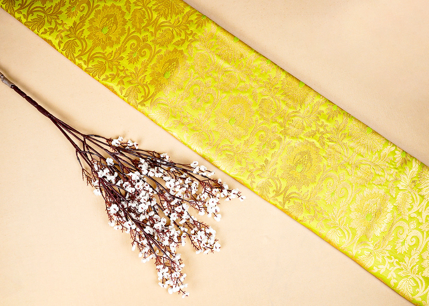 Parrot Green Banarasi Brocade Fabric with Allover Golden Zari Handloom 15930