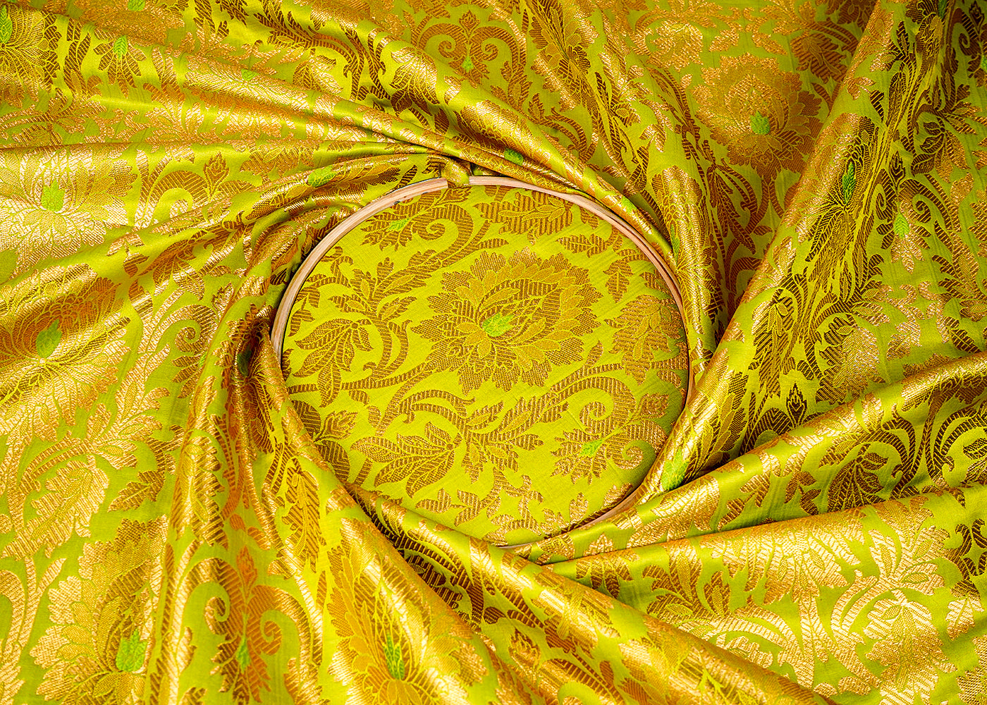 Parrot Green Banarasi Brocade Fabric with Allover Golden Zari Handloom 15930