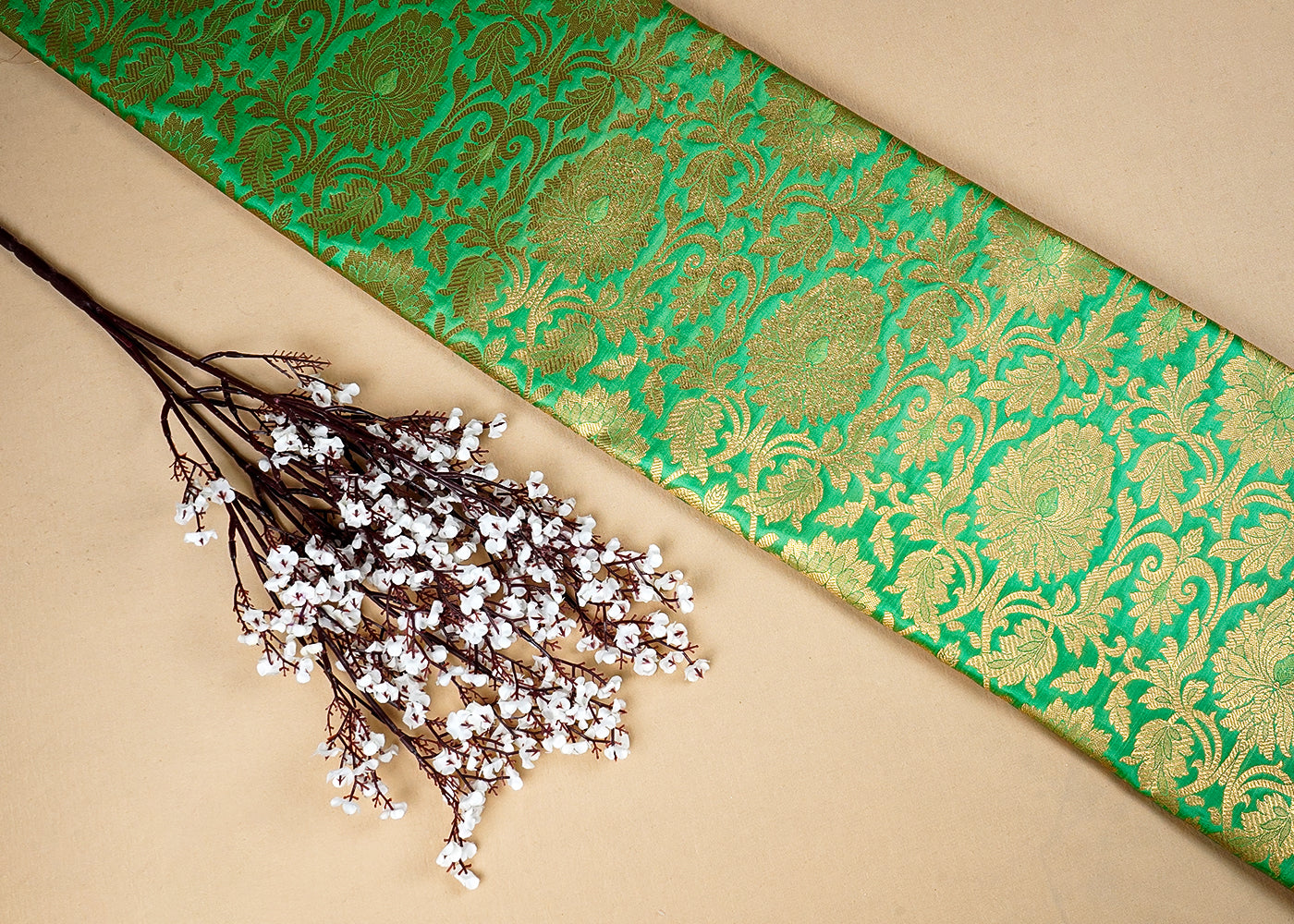 Green Banarasi Brocade Fabric with Allover Golden Zari Handloom 15931