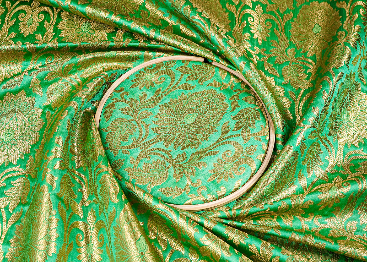 Green Banarasi Brocade Fabric with Allover Golden Zari Handloom 15931