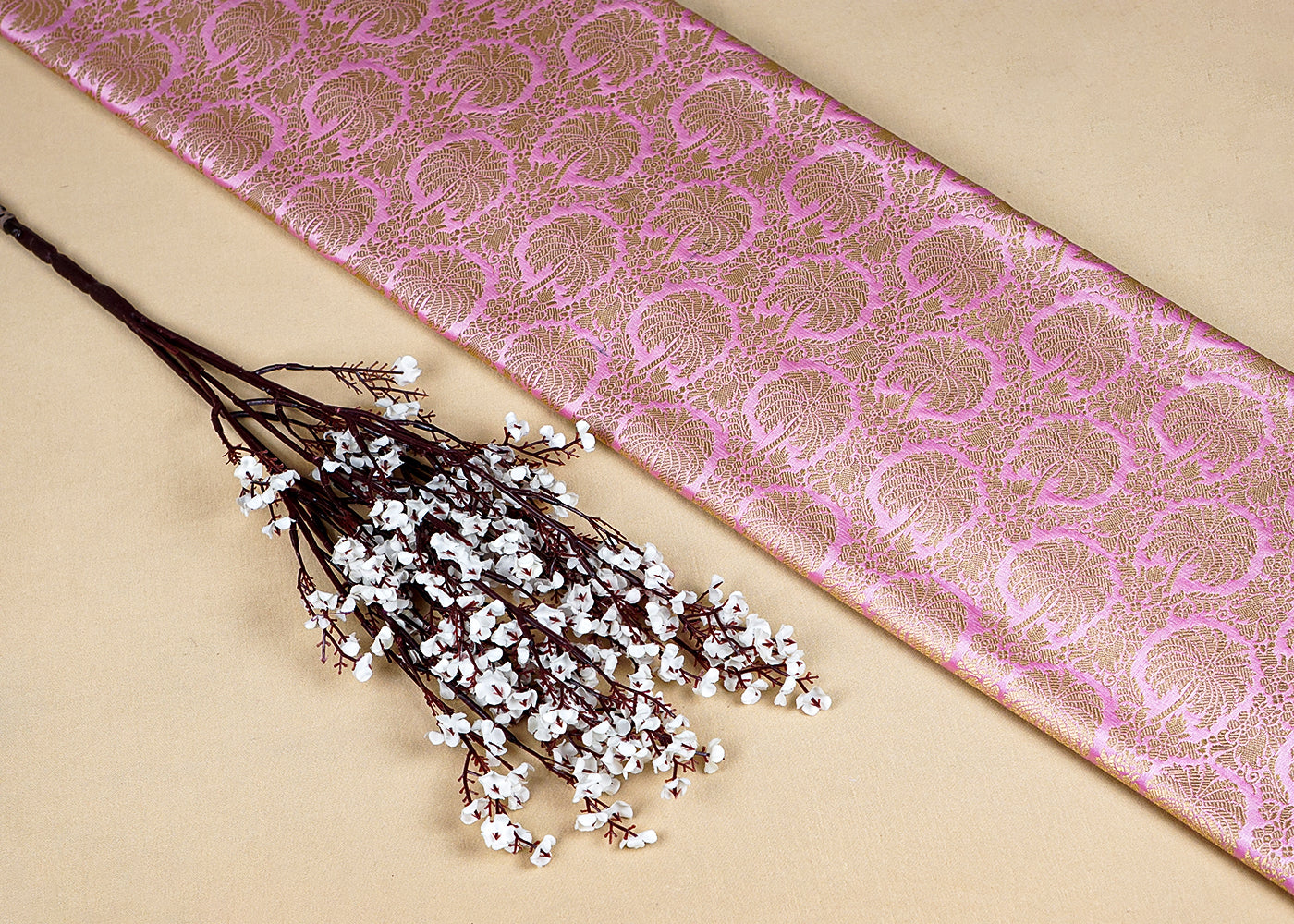 Baby Pink Banarasi Brocade Fabric with Allover Golden Zari Handloom 15934