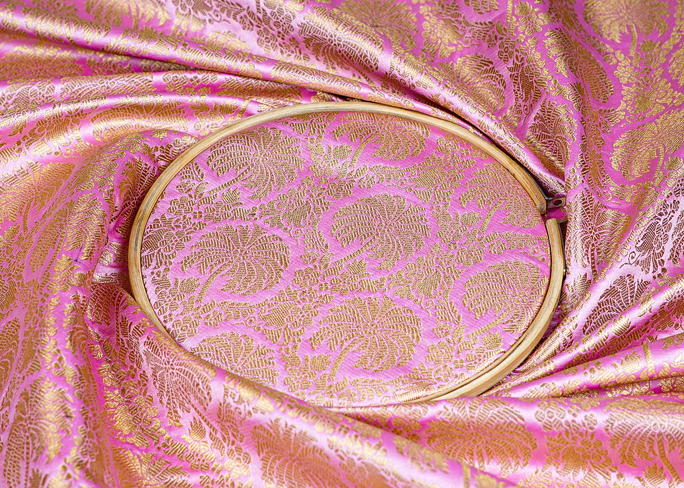 Baby Pink Banarasi Brocade Fabric with Allover Golden Zari Handloom 15934