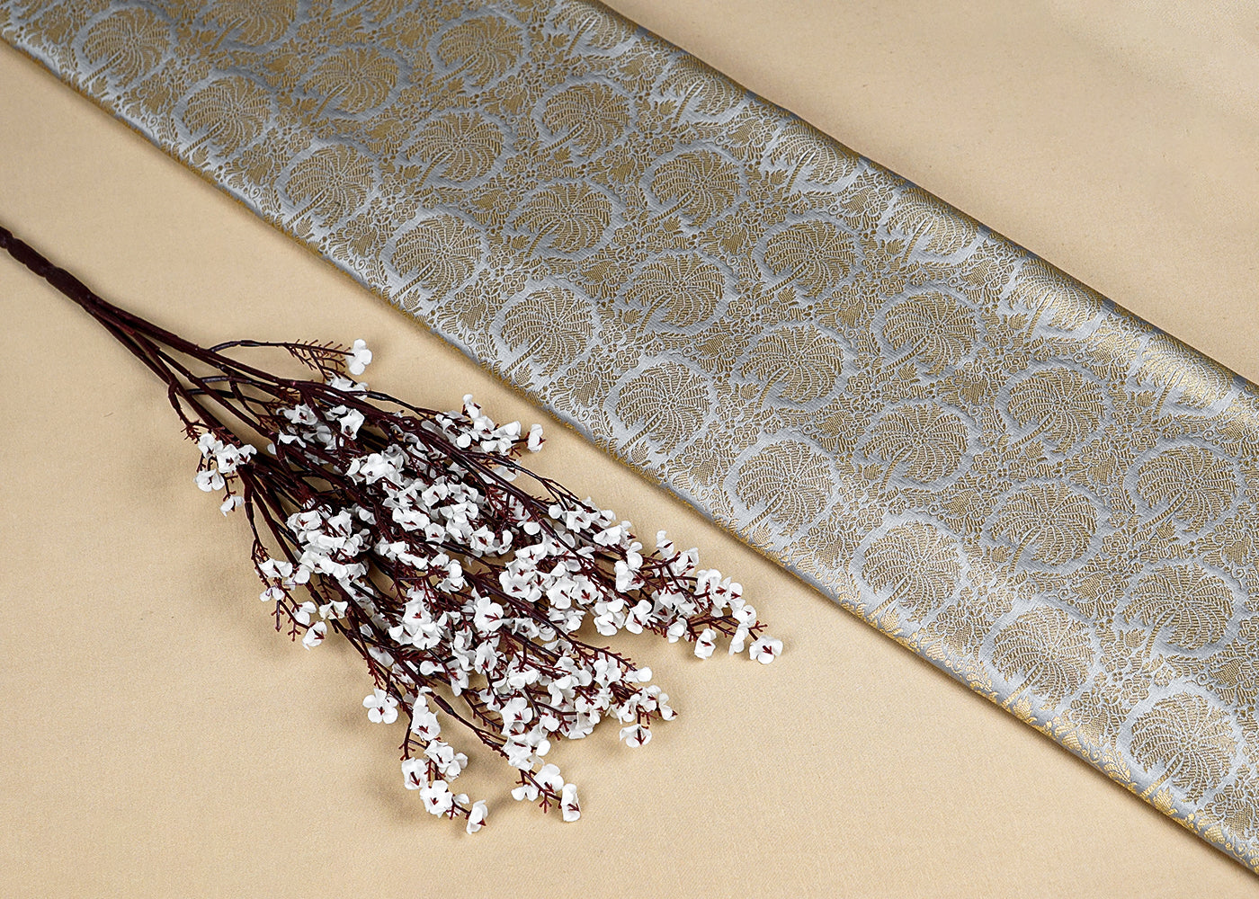 Grey Banarasi Brocade Fabric with Allover Golden Zari Handloom 15935