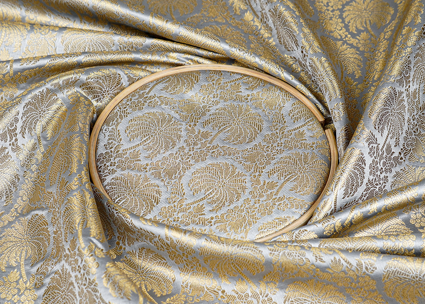 Grey Banarasi Brocade Fabric with Allover Golden Zari Handloom 15935