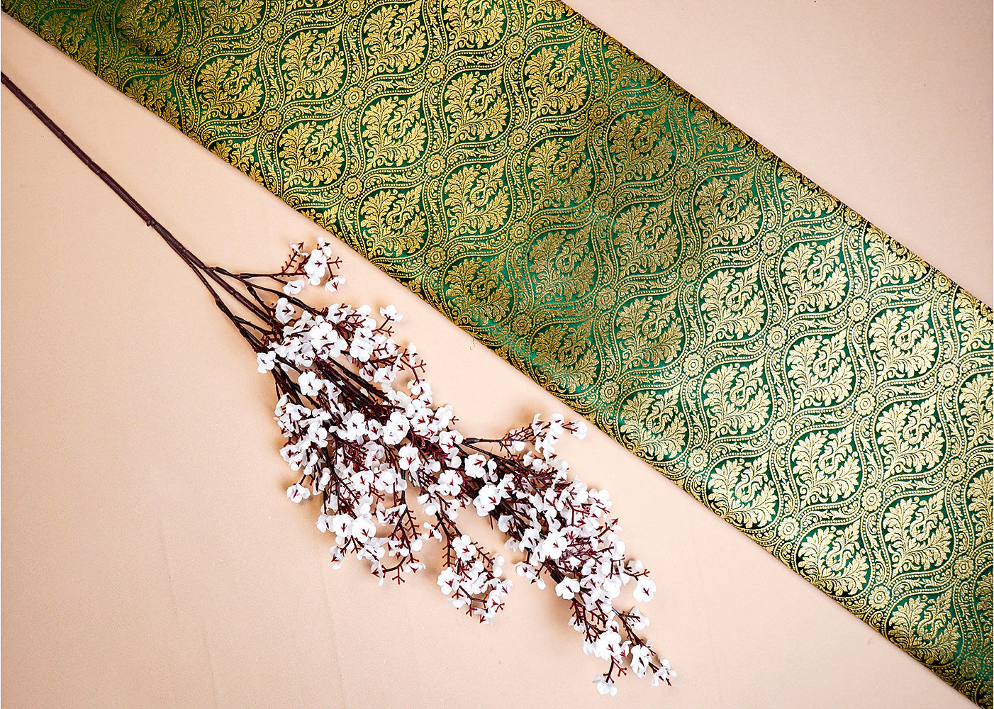 Dark Green Banarasi Brocade Fabric With Allover Golden Zari Handloom 15936