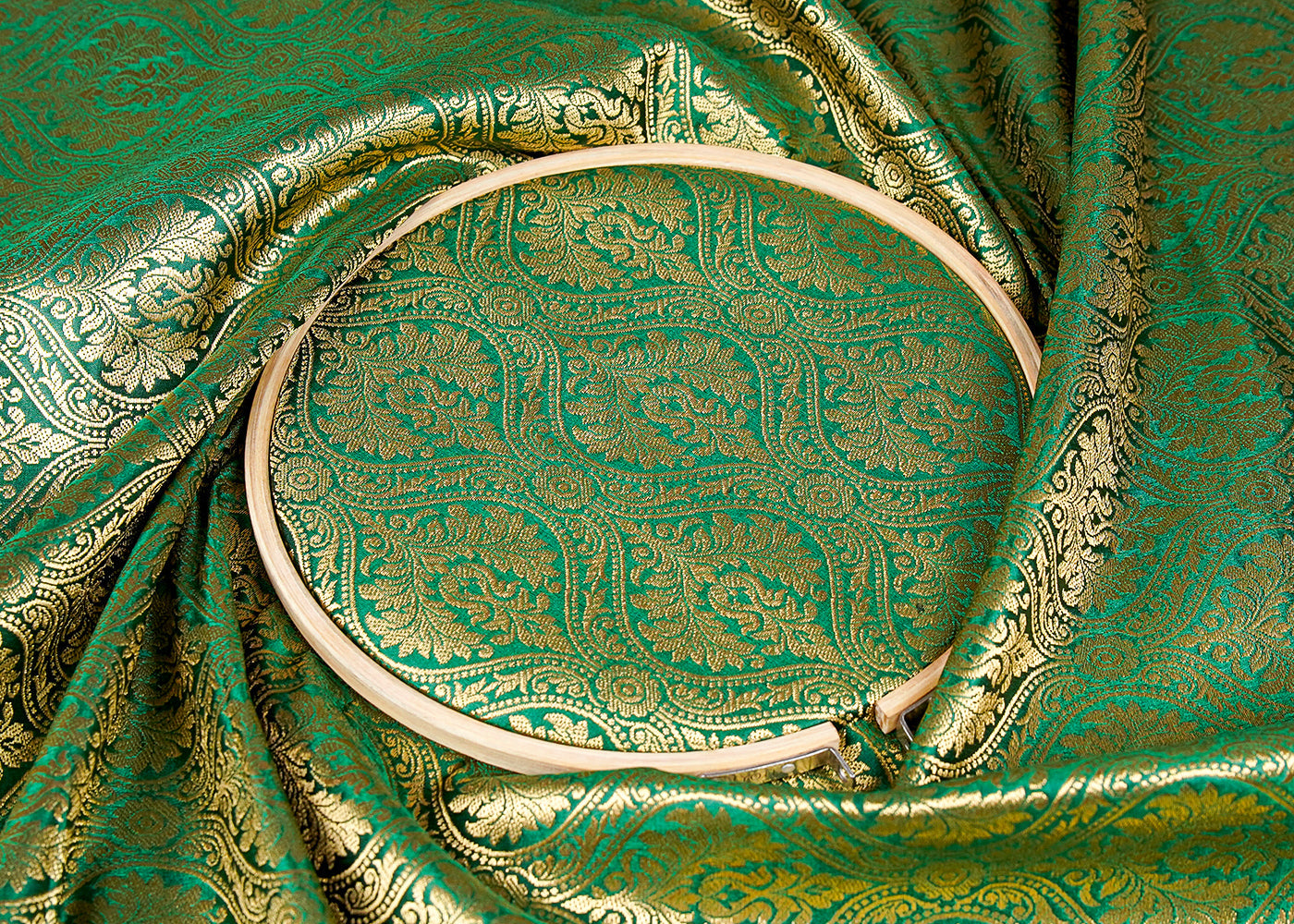 Dark Green Banarasi Brocade Fabric With Allover Golden Zari Handloom 15936