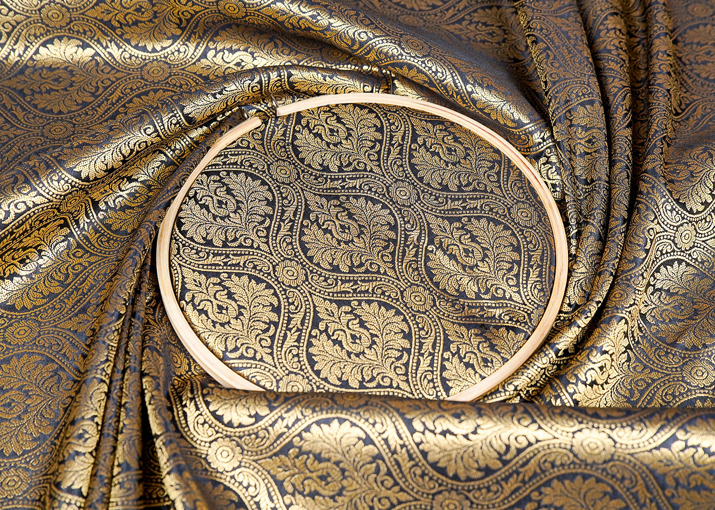 Black Banarasi Brocade Fabric With Allover Golden Zari Handloom 15937