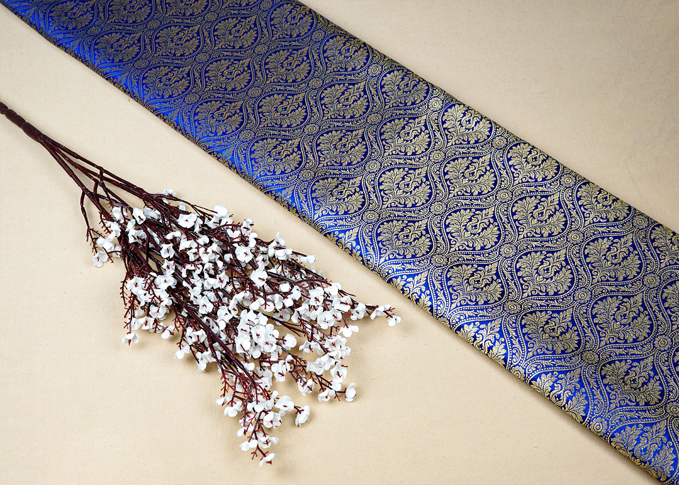 Royal Blue Banarasi Brocade Fabric With Allover Golden Zari Handloom 15938