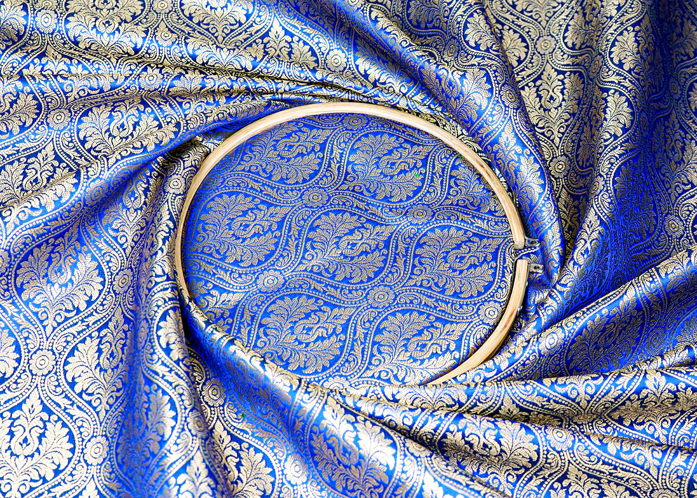 Royal Blue Banarasi Brocade Fabric With Allover Golden Zari Handloom 15938