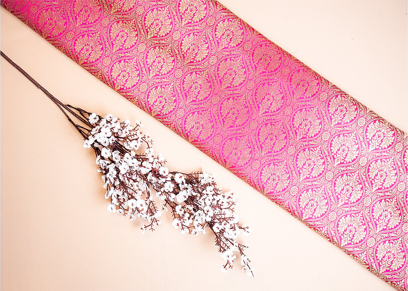 Pink Banarasi Brocade Fabric With Allover Golden Zari Handloom 15940