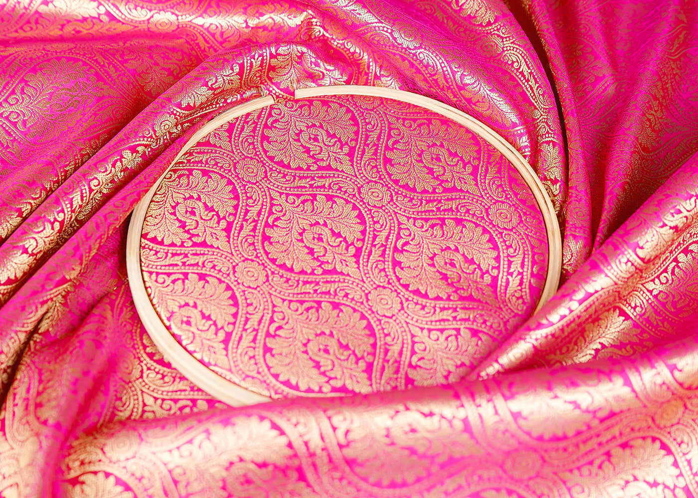 Pink Banarasi Brocade Fabric With Allover Golden Zari Handloom 15940