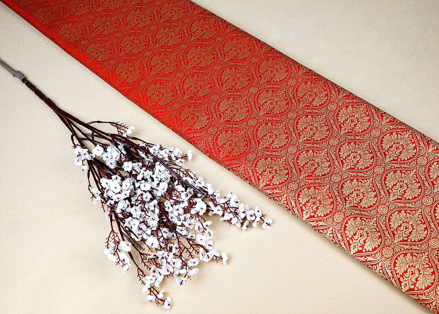 Red Banarasi Brocade Fabric With Allover Golden Zari Handloom 15942