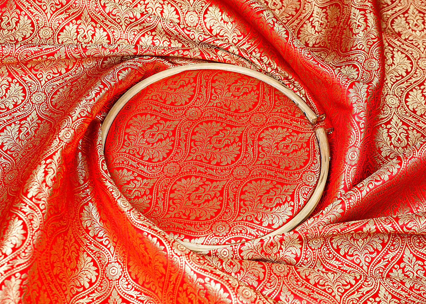 Red Banarasi Brocade Fabric With Allover Golden Zari Handloom 15942