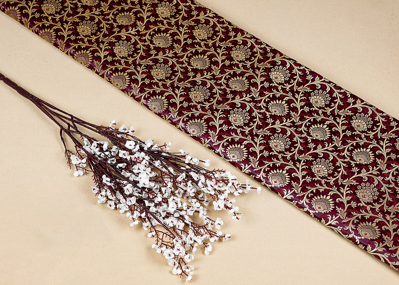 Wine Banarasi Brocade Fabric With Allover Golden Zari Handloom 15943