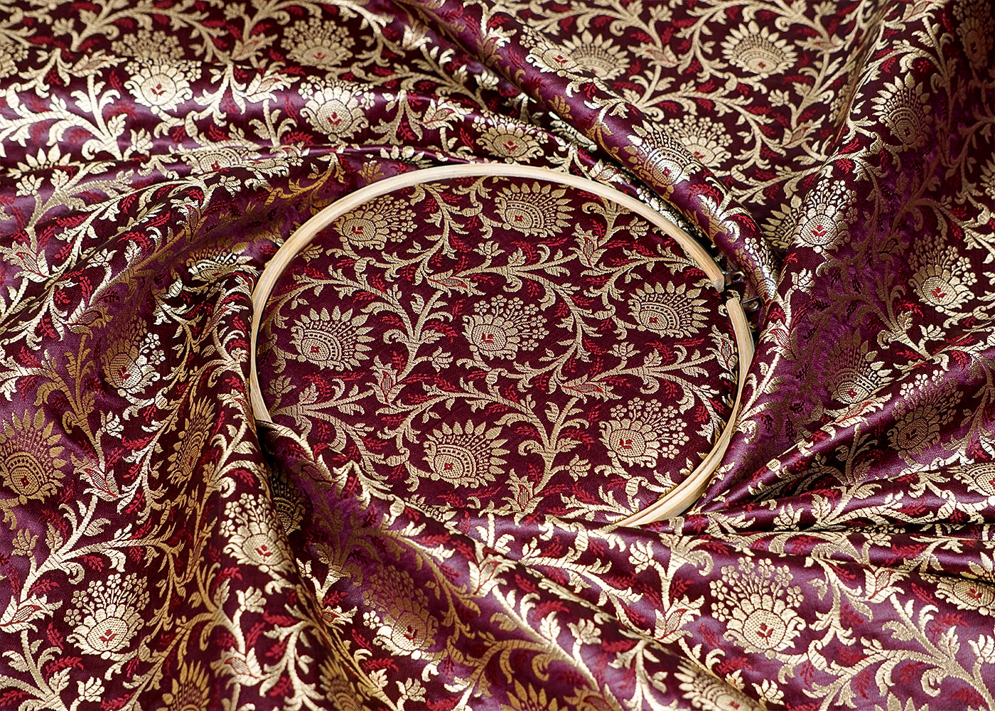 Wine Banarasi Brocade Fabric With Allover Golden Zari Handloom 15943