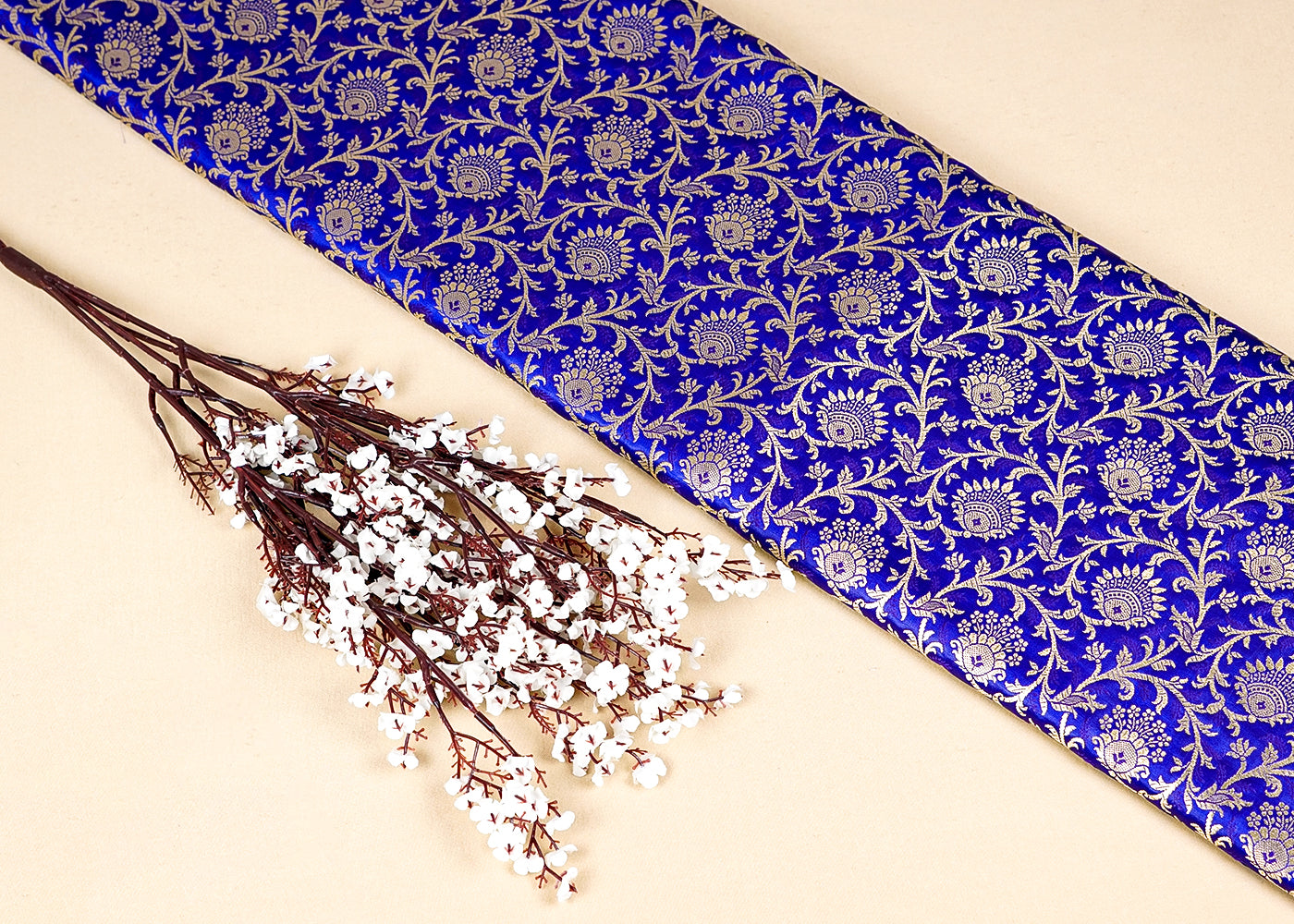 Royal blue Banarasi Brocade Fabric With Allover Golden Zari Handloom 15944