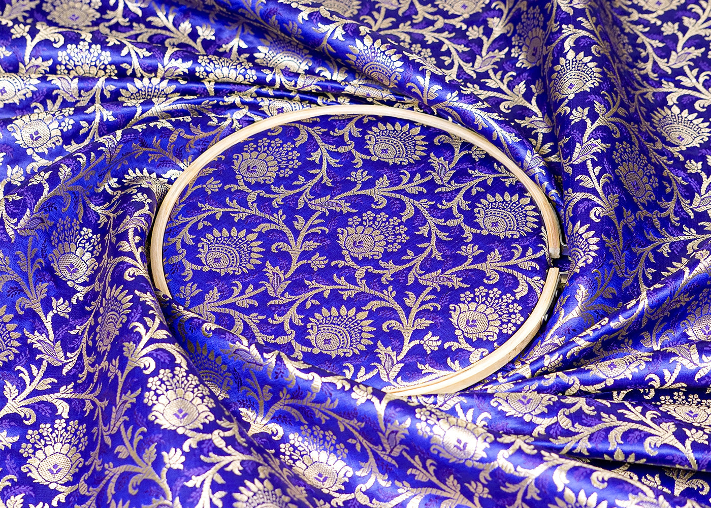 Royal blue Banarasi Brocade Fabric With Allover Golden Zari Handloom 15944