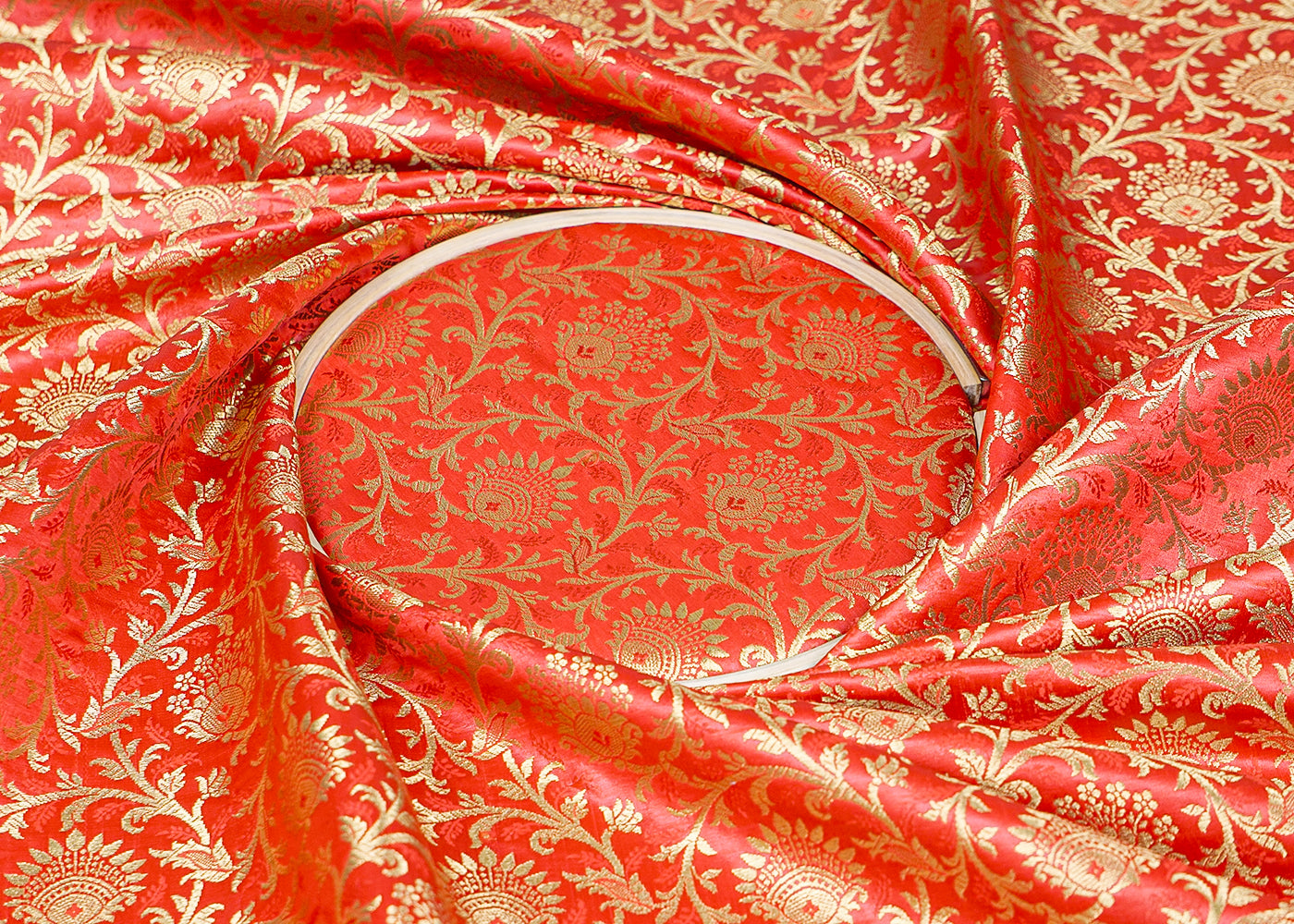 Red Banarasi Brocade Fabric With Allover Golden Zari Handloom 15945