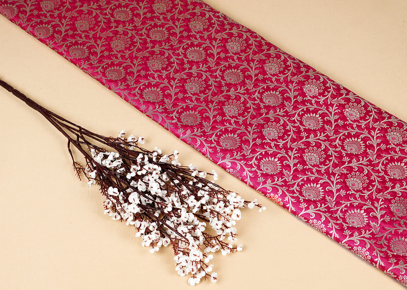Pink Banarasi Brocade Fabric With Allover Golden Zari Handloom 15946