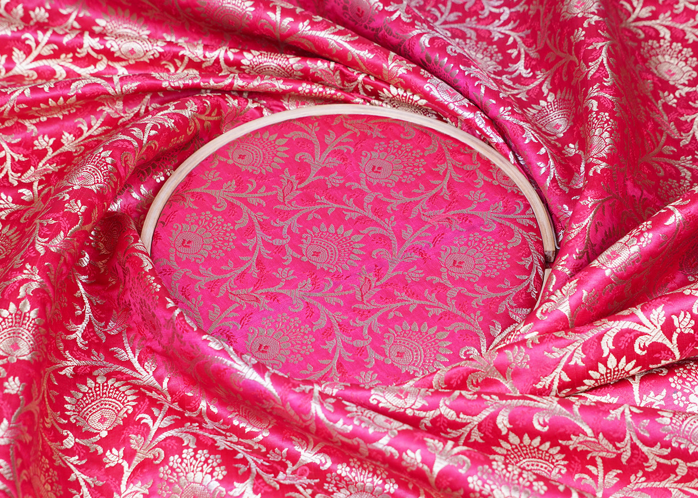 Pink Banarasi Brocade Fabric With Allover Golden Zari Handloom 15946