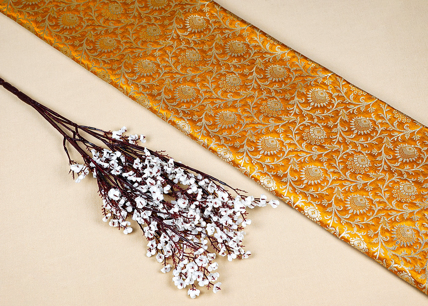 Mustrad Banarasi Brocade Fabric With Allover Golden Zari Handloom 15947