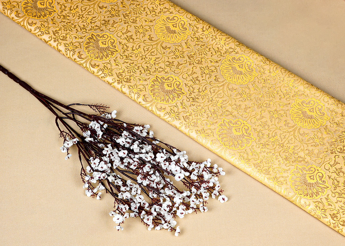 Yellow Banarasi Brocade Fabric With Allover Golden Zari Handloom 15948