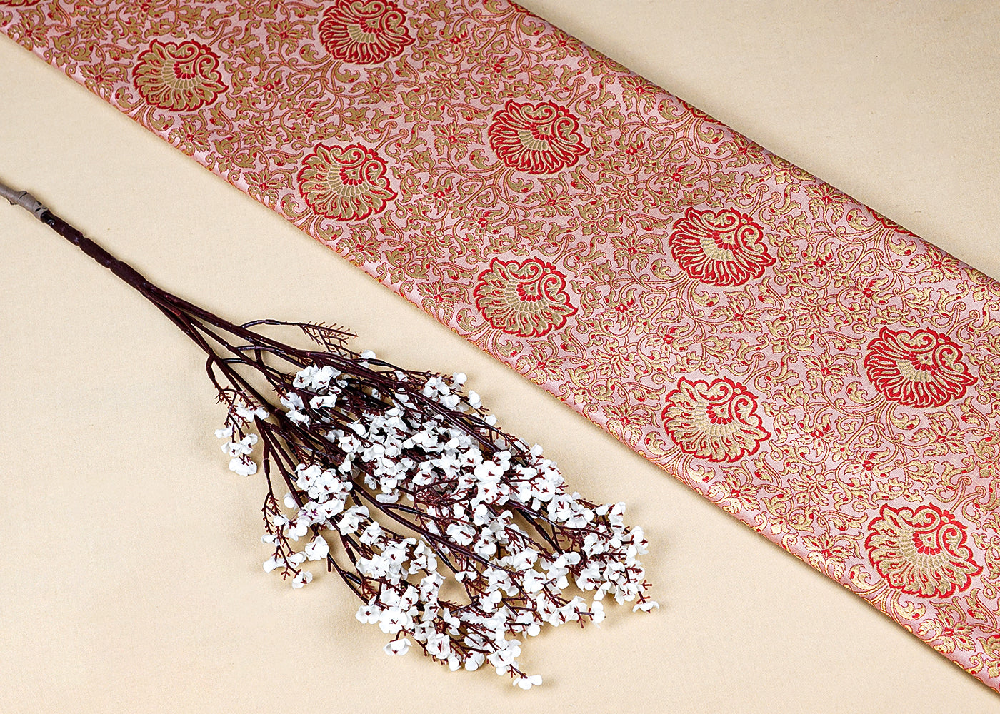 Light Pink  Banarasi Brocade Fabric With Allover Golden Zari Handloom 15949