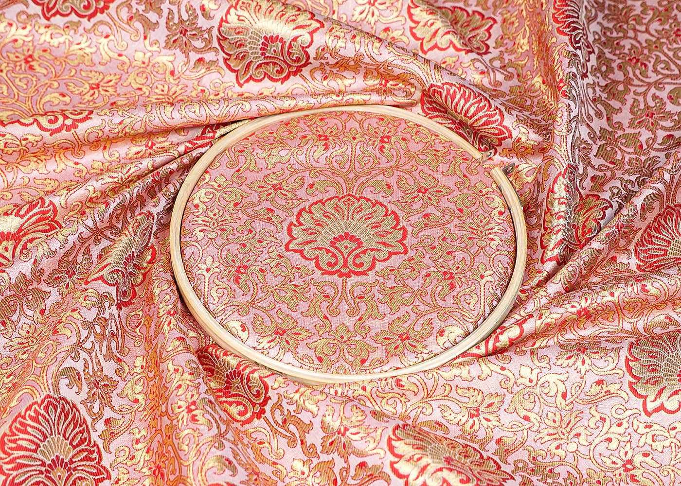 Light Pink  Banarasi Brocade Fabric With Allover Golden Zari Handloom 15949
