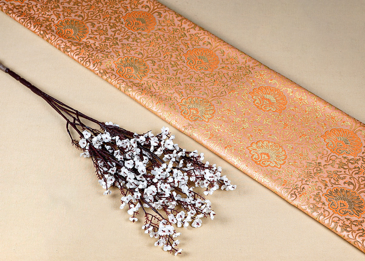Peach  Banarasi Brocade Fabric With Allover Golden Zari Handloom 15950