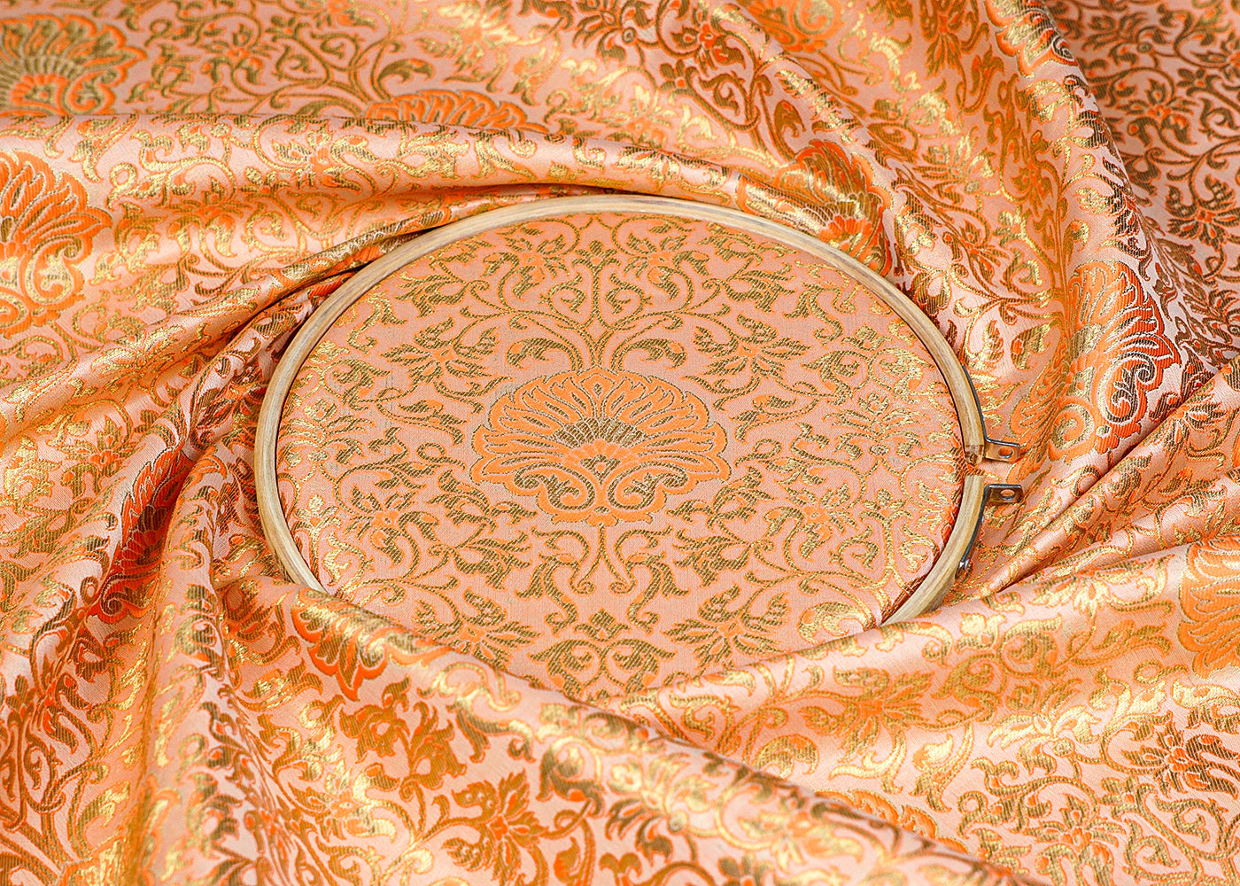 Peach  Banarasi Brocade Fabric With Allover Golden Zari Handloom 15950