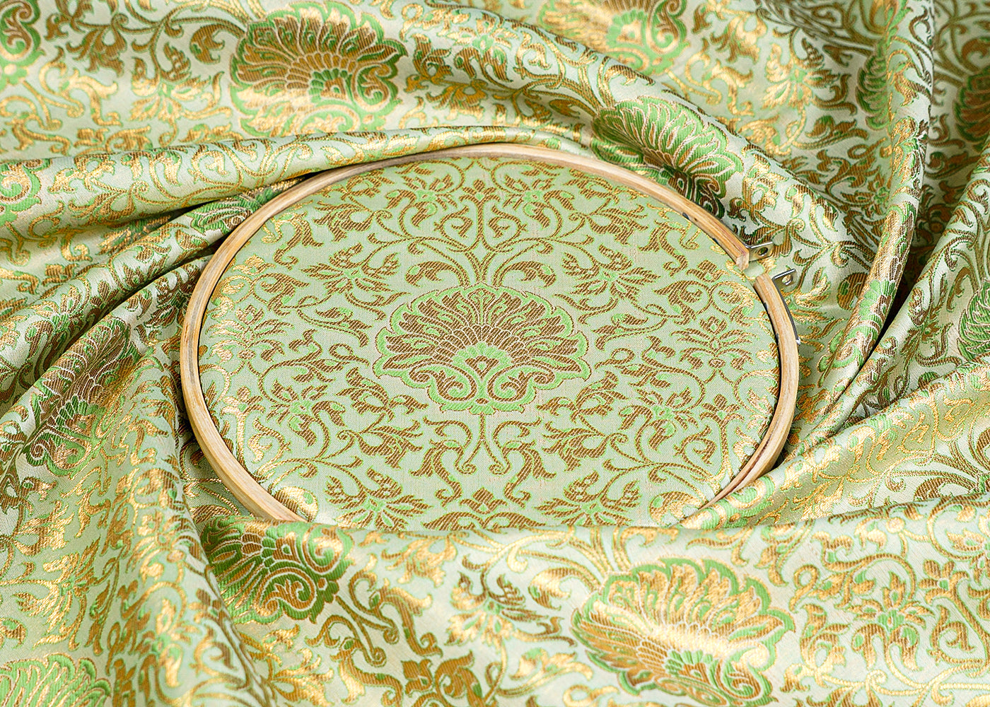 Pista Green Banarasi Brocade Fabric With All-Over Golden Zari Handloom 15951