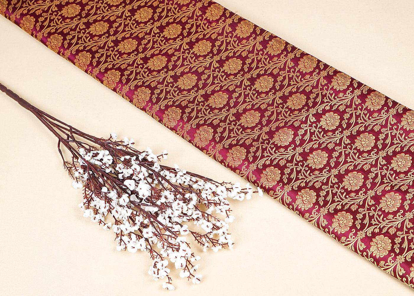 Wine Banarasi Brocade Fabric With Allover Golden Zari Handloom 15952